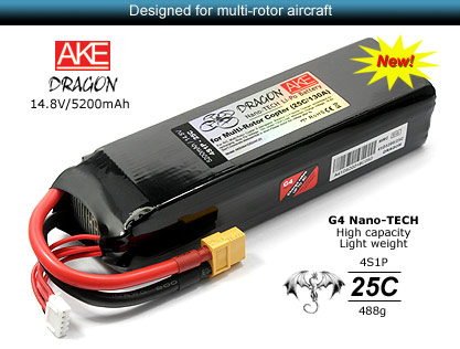 (5折)A.K.E DRAGON 14.8V/5200mAh/25C聚合物锂电池组(4S1P/XT60)